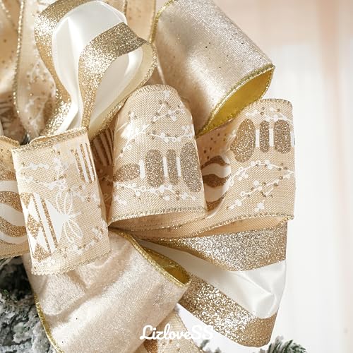 Ivory and Champagne Gold Christmas Tree Topper Bow 13 x 53 Inch Large With Streamer and Bauble Patterns for Xmas Tree Wreaths Door Staircase Home Decor