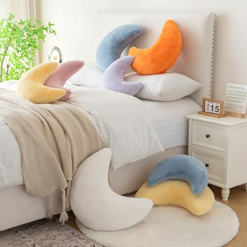 Moon Pillow, Decorative Throw Pillows with Soft Faux Rabbit for Bed Couch, Moon Shaped Pillows Plush Floor Cushions Room Decor Pillow for Sofa Bedroom Living Room