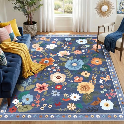 RELEANY Floral 5x7 Area Rug Machine Washable Soft Print Boho Carpet Non Slip Doormat Low Pile Flower Area Rugs for Living Room Bedroom Nursery Kitchen Dining Room Indoor-Blue/Grey
