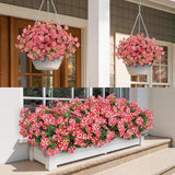 VIERENA 12 Bundles Artificial Flowers and Eucalyptus for Outside, Sun Resistant Silk Fake Morning Glory with Faux Eucalyptus Plants for Garden Porch Farmhouse Home Spring Summer Decor (Rose Red)