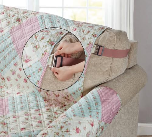 Brilliant Sunshine Pink and Green Roses Couch Recliner Cover, Patchwork Design, Sofa Cover for Dogs, Slip Resistant Furniture Protector with Strap, Washable Slipcover for Kids and Pets (28" seat)