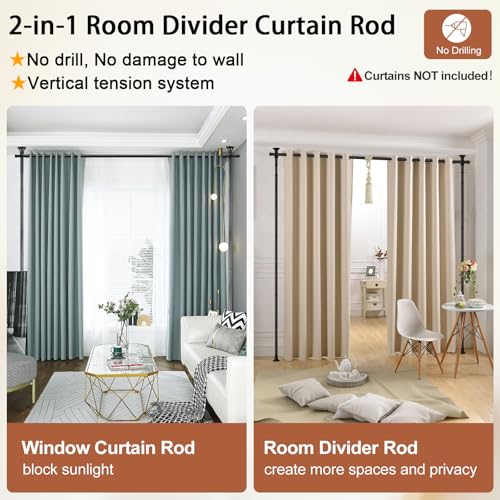 Room Divider, No Drilling Curtain Rod Wall Divider for Space Partition, Adjustable 4-10ft(H) 28-70inch(W) Heavy Duty Floor to Ceiling Tension Rod Dividers Temporary Privacy Separator Window Rods Black