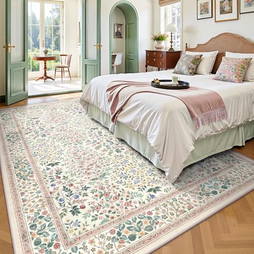 6x9 Area Rugs, Machine Washable Low Pile Floral Rugs for Living Room, Bedroom, Large Boho Area Rug with Non-Slip Backing for Dining Room(Pink Floral)