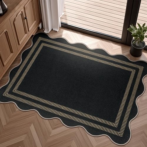 Easy Jute Outdoor Mats for Front Door, 2x3 Small Washable Kitchen Rugs, Farmhouse Black Throw Rug Non Slip Indoor Outdoor Carpet for Porch Entryway Foyer