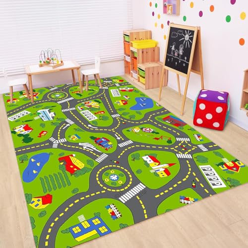 Non-Slip Town City Road Map Playmat for Boys, Perfect for Playroom and Bedroom, Car Track Mat - 4'11" x 3'3"(Rectangular)