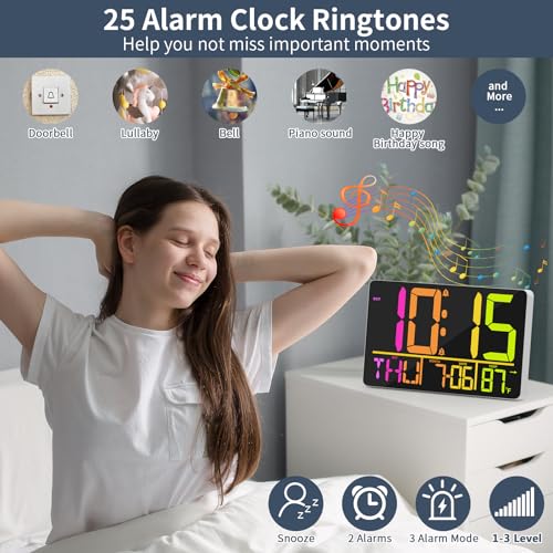 PERSUPER 13" Large Digital Wall Clock with Remote, RGB Color Changing, 25 Ringtones, 0-100% Auto/Custom Brightness, Temperature, Calendar, 12/24H, DST, Timer, for Living Room/Bedroom/Office/Elderly