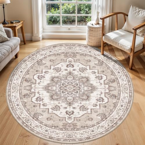 6ft Washable Kitchen Round Rug: Non-Slip Circle Area Rug for Living Room Dining Room Under Table Low Pile Soft Circular Carpet Water Resistant Durable Mat for Newlywed Cozy Home Decor(6ft-Round,Beige)