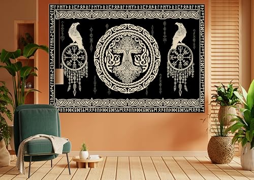 Hajmsug Vikings Tapestry,Black and White Tree Bird of Wisdom Celtic Rune Ancient Rune Totem Norse Mythology Medieval Viking Wall Art,Aesthetic Mythology Tapestry for Bedroom Living Room,40X30 Inch.