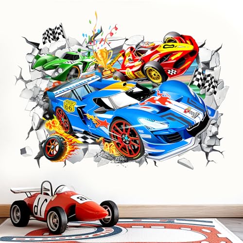 wondever Large 3D Racing Car Wall Stickers Vehicles Break Through Peel and Stick Wall Art Decals for Boys Room Kids Bedroom Playroom