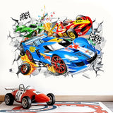 wondever Large 3D Racing Car Wall Stickers Vehicles Break Through Peel and Stick Wall Art Decals for Boys Room Kids Bedroom Playroom