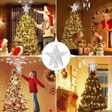 Mrrihand Christmas Tree Topper Lighted with 6 Projection Modes, Christmas Star Tree Topper Built-in LED Rotating Lights, Silver 3D Glitter Dynamic Projection for Christmas Tree Decorations