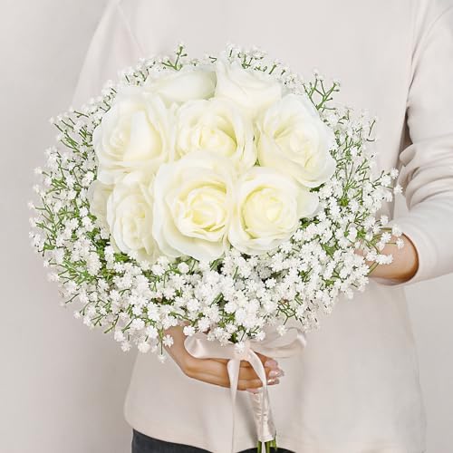 MARTINE MALL Babys Breath Artificial Flowers, 10 PCS White Baby Breath Flowers Artificial Bulk, Fake Babys Breath Gypsophila Real Touch Faux Babys Breath for Wedding Floral Arrangement Home Decor