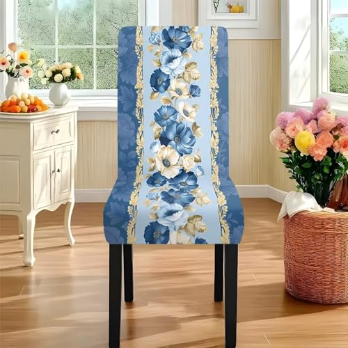 Dining Chair Slipcovers Rectangle Tablecloths Set of 7, Removable Chair Seat Covers Dust-Proof Stretch Dining Seat Slipcovers Washable Table Cover Protector, Blue Flower Print