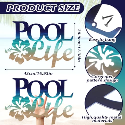 Tandefio Pool Life Metal Wall Art Decor Hibiscus Flower Coastal Metal Wall Art Tropical Outdoor Decor Swimming Pool Sign for Summer Beach Patio Living Room Bathroom Boat Decorations (Blue Gradient)