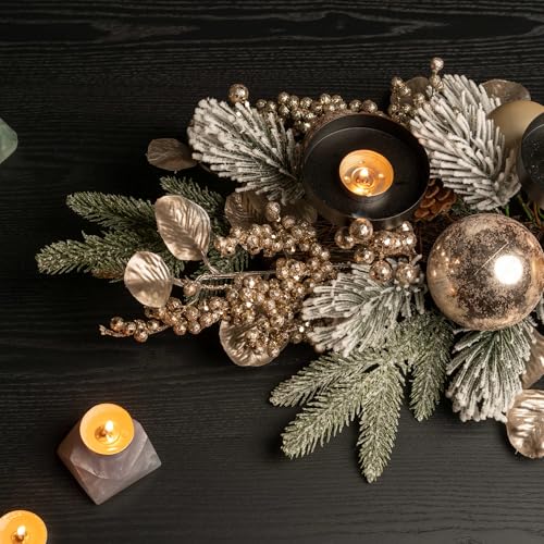 YULETIME 28" Christmas Triple Candelabrum, Golden Baubles, Berries & Leaves