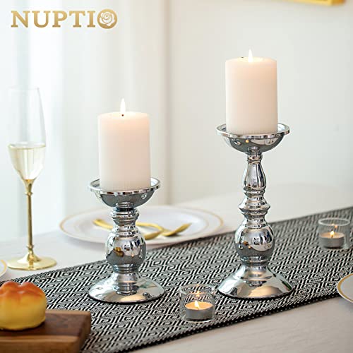 Nuptio Pillar Candle Holders Metal Candle Holder Ideal for 3 inches Candles, Silver Candle Holder for Living Room, Gardens, Spa, Aromatherapy, Incense Cones, Wedding, Party, 2 Pcs