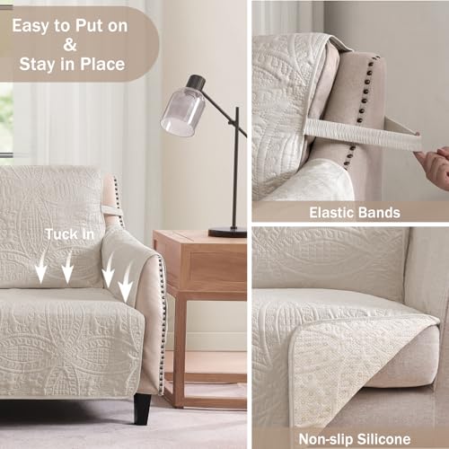 Beige Loveseat Covers for 2 Cushion Couch, Water-Repellent Quilted Covers for Sofa, Machine Washable Love Seat Couch Covers, Pet Friendly Loveseat Slipcovers (Loveseat 48", Beige Cream)
