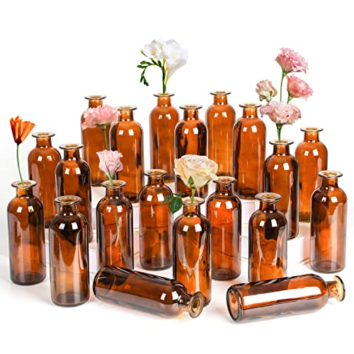 Amber Glass Bud Vase, 20 Pack 8 Oz Living Bud Vases, Small Vases for Flowers, Decorative Amber Bottles for Table Centerpiece, Home Decor, Office, Wedding Reception, Vintage Style