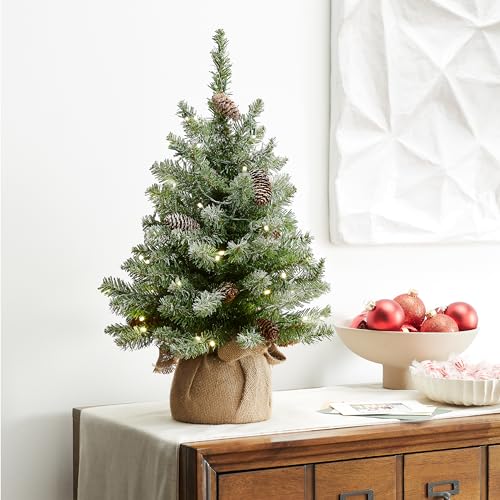 National Tree Company 2 ft Pre-Lit Flocked Mini Artificial Christmas Tree, 50 Clear LED Lights, 75 Tips, Pinecones, Burlap Base, Timer, Green