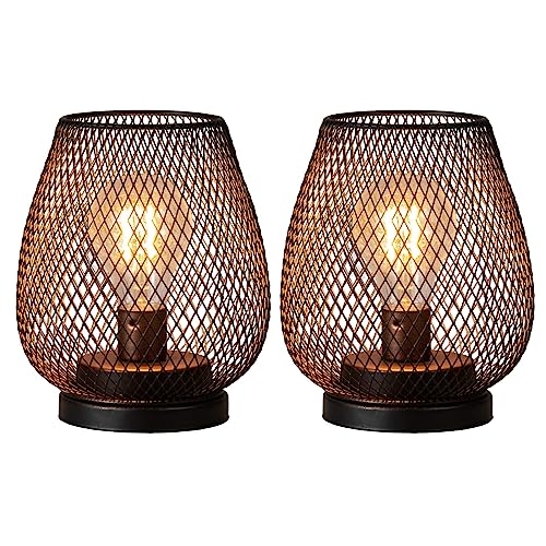 Set of 2 Battery Operated Lamp LED Table Lantern, Brown Metal Cage Cordless Lamps with LED Bulb，Vintage Decorative Outdoor Lantern for Weddings, Parties, Patio, Events for Indoors Shelf Decor