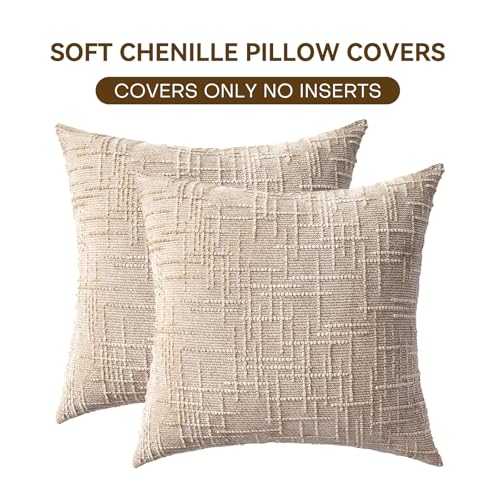 Decorative Throw Pillow Covers 18x18 Inch Set of 2, Soft Solid Farmhouse Chenille Couch Pillows, Spring Pillow Covers for Couch Sofa Bed Living Room Home Decor Pillowcase, Light Khaki