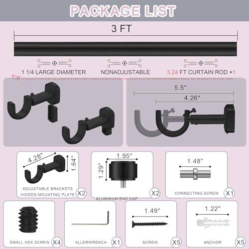 Heavy Duty Curtain Rods - 1 1/4" Large Diameter Premium Nonadjustable Curtain Rod - 36in/3ft Custom Window Treatment Rods with Durable Aluminum Brackets and End Caps,Black Finish