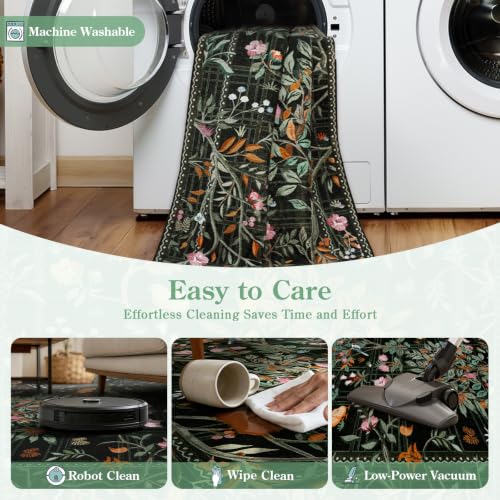 Black Boho 8x10 Area Rugs for Living Room, Washable Large Floral Rug Non Slip, Soft Flower Birds Low-Pile Floor Indoor Throw Carpet for Bedroom Dining Room Dorm Playroom Foyer