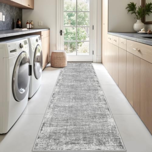 2x8 Runner Rug, Grey Abstract Washable Kitchen Rugs for Hallway