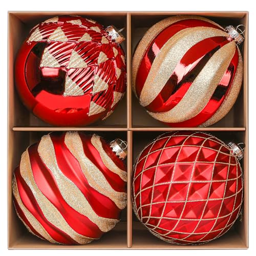 Alupssuc 6''/150mm Large Christmas Ball Ornaments, 4Pcs Christmas Tree Decor, Shatterproof Hanging Decorations with Hooks, Red & Gold Baubles for Xmas Tree, Wedding, Holiday and Party Decor