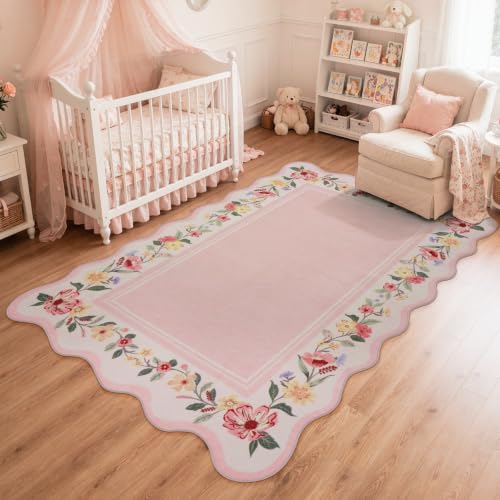 Lahome Girls Bedroom Rug 5x7, Pink Scalloped Floral Area Rug