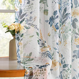 MYSKY HOME Sheer Floral Curtains 84 inches Long 2 Panels Set for Living Room Leaf Printed Summer Curtains for Bedroom Rod Pocket Window Drapes, Yellow and Blue, 52 x 84 inch