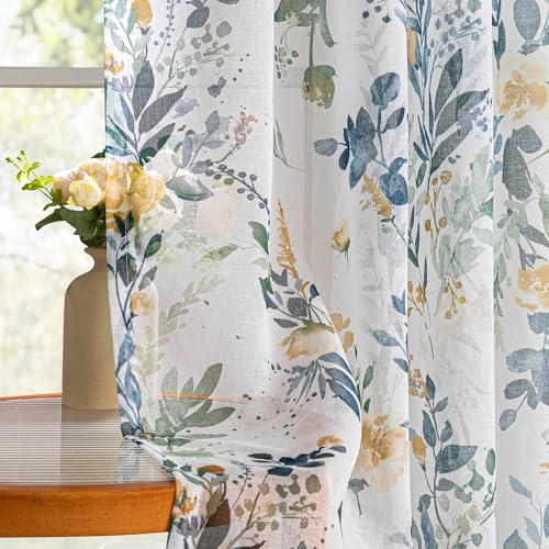 MYSKY HOME Extra Long Curtains for Living Room Floral Curtains 95 Inches Long for Bedroom 2 Pieces Light Filtering Semi Sheer Nursery Rod Pocket Window Treatment Drapes, Yellow and Blue 52 x 95 inch