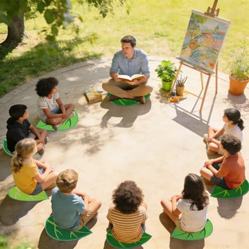 JarThenaAMCS 12 Pcs Green Leaf Classroom Carpet Kids Sitting Floor Seats Back to School Mats Non-Slip 3 Colors Leaf Rugs for Group Activity Learning Play Areas, 13.5 x 16 Inch