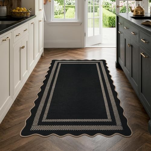 LIVEBOX Scalloped Easy Jute 3x5 Outdoor Rug, Black Washable Rugs for Entryway Kitchen, Indoor Outdoor Farmhouse Neutral Rug Modern Carpet Door Mat Area Rug for Patio Bedroom Living Room Porch Entry