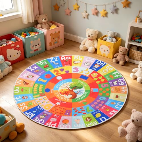 ABC Round Kids Rug for Playroom, 4ft Educational Kids Rug with Number Shape Animal Season, Non-Slip Alphabet Small Classroom Rugs, Learning Area Rugs Washable for Classroom Playroom Nursery Bedroom