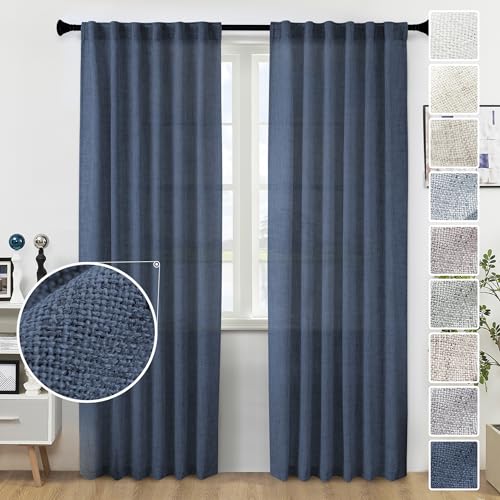 Navy Blue Polyester Curtains 96 Inches Long 2 Panel Set Midnight Blue Light Filtering Privacy Semi Sheer Curtain Panels Modern Farmhouse Window Drapes for Living Room Bedroom Indigo, 8FT