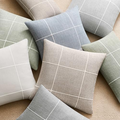 2 Packs Grid Embroidery Throw Pillow Covers, 18x18 Inch Light Sage Green, Farmhouse Linen Decorative Light Green Cushion Covers for Sofa Bed Living Room Home Decor