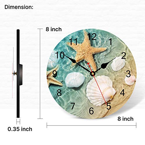 TAHEAT 8 Inch Coastal Seashell Starfish Wall Clock, Accurate Decorative Clocks, Silent Non Ticking Easy to Read Wall Clock for Bedroom/Living Room/Kitchen