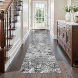 Washable Kitchen 2x10 Runner Rug: Non-Slip Low Pile Hallway Runner Modern Abstract 10ft Long Rugs for Entryway Living Room Soft Thin Stain Resistant Carpet for Bedroom Bathroom(Black/Grey/White, 2X10)