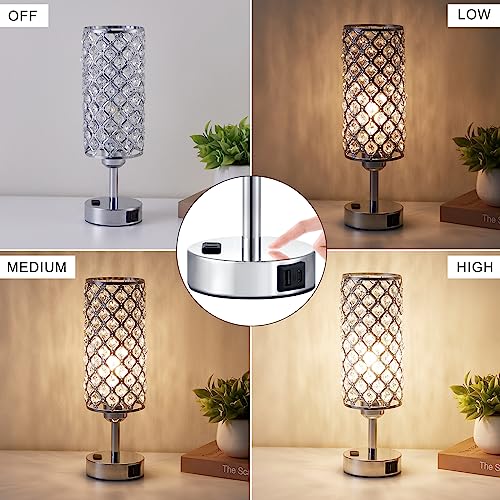 Hong-in Crystal Lamp Touch Control Set of 2, Sliver Crystal Table Lamps with USB C+A Ports & AC Outlet, 3-Way Dimmable Nightstand Touch Lamp, Modern Bedside Table Lamp for Bedroom(Bulbs Included)