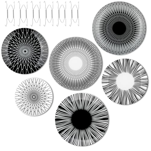 Hicarer Set of 6 Black and White Plate Wall Decor Minimalist Ceramic Plate Wall Art with W-shaped Invisible Hooks & Silver Nails, Multi-use Dinner Plates for Home Office Art & Dining