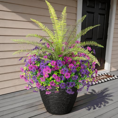 Artificial Flowers for Outdoors UV Resistant Spring Summer Decoration, 13 Bundles Fake Plants Faux Fern Realistic Silk Flowers for Outside Planters Porch Patio Garden Back Yard (Red Lotus Deep Purple)