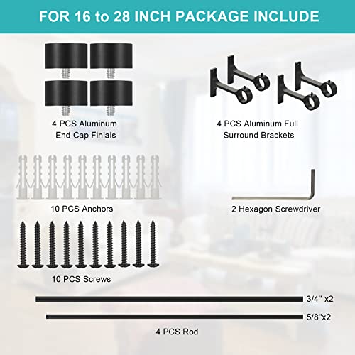 2-Pack Curtain Rod for Windows 16-28",Adjustable Window Curtain Rods with Premium Aluminum End Cap Finials and Full Surround Brackets,3/4"(0.075Feet) Diameter,Matte Black Drapery Rods for Curtains