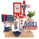 4th of July Decorations Patriotic Tiered Tray Decor Set, 8 PCS Memorial Day Fourth of July Decorations for Home Office Farmhouse Red White and Blue Tabletop Centerpieces Shelf Mantel Tray Decor Signs