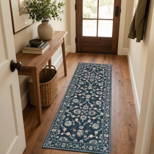 jinchan 2x5 Traditional Floral Runner Rug, Washable Rug, Midnight Blue