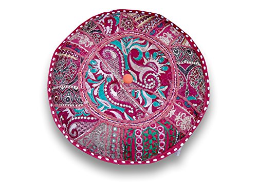 Sophia-Art Indian Embroidered Patchwork Cover Indian Decorative Pouf Indian Comfortable Floor Cotton Cushion Ottoman Pouf,Indian Designs Ethnic Patchwork Pouf (Dark Pink, 18"x13")