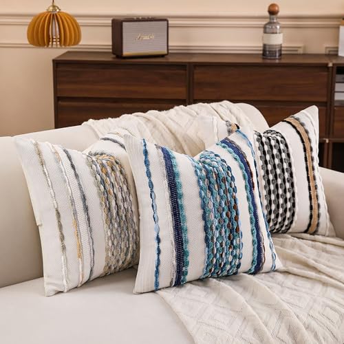 Boho Striped Throw Pillow Covers 18x18 Inch Set of 2 Farmhouse Square Decorative Pillow Covers Chenille Tufted Accent Neutral Pillowcase Blue Cushion Cover for Living Room Couch Sofa Bed