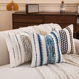 Boho Striped Throw Pillow Covers 18x18 Inch Set of 2 Farmhouse Square Decorative Pillow Covers Chenille Tufted Accent Neutral Pillowcase Blue Cushion Cover for Living Room Couch Sofa Bed