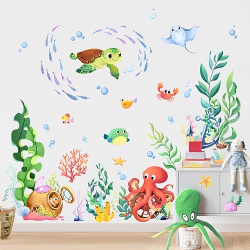Supzone Under the Sea Wall Decals Ocean Fish Seaweed Sea Turtle Octopuses Wall Stickers for Kids Toddlers Bedroom Living Room Baby Nursery Wall Decor