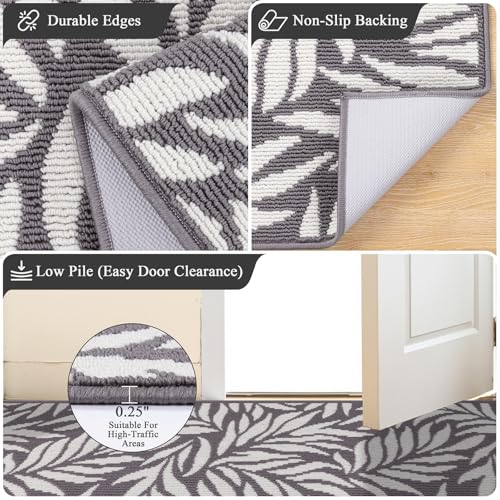 Indoor Door Mat 2x3ft, Absorbent Dog Muddy Paws Mats, Low-Profile Leaves Entrance Runner Carpet with Non-Slip Rubber Backing, Washable Inside Welcome Mat for Hallway,Entryway,Kitchen(Grey)